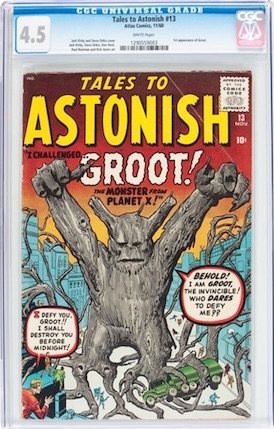 Tales to Astonish #13 is the first appearance of Groot. Not common in any grade, we recommend it as a better investment than a high-grade Marvel Preview #4.